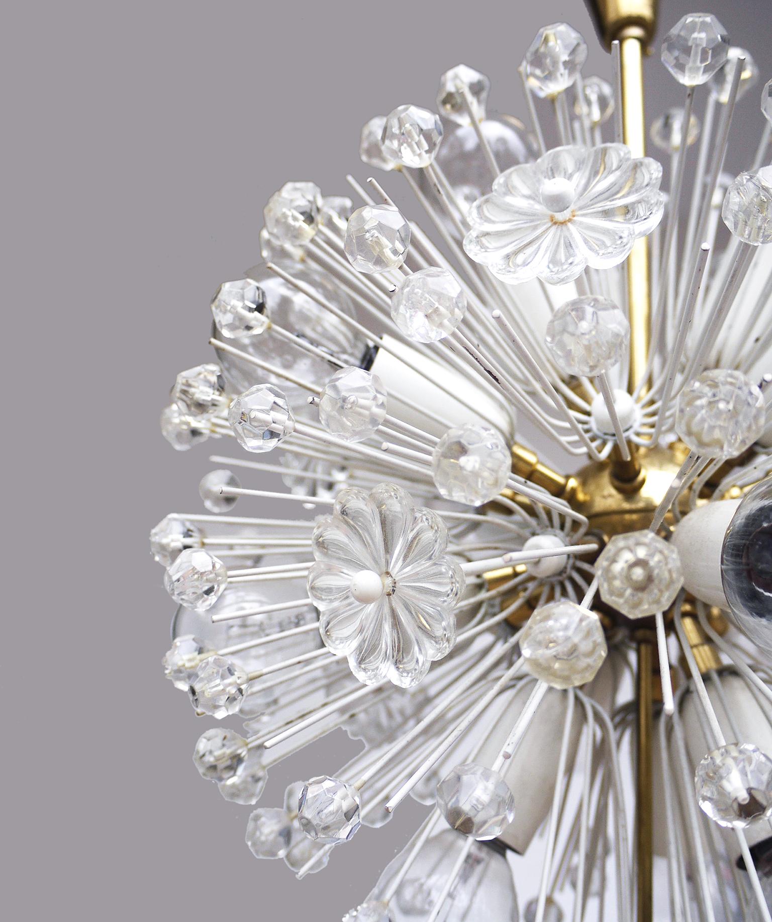 Elegant snowball chandelier with enamel sputnik elements and crystal finals on a brass frame. Chandelier illuminates beautiful and gives a lot of light. Gem of the time. Designed by Emil Stejnar for Rupert Nikoll, Vienna, Austria in the 1950s.