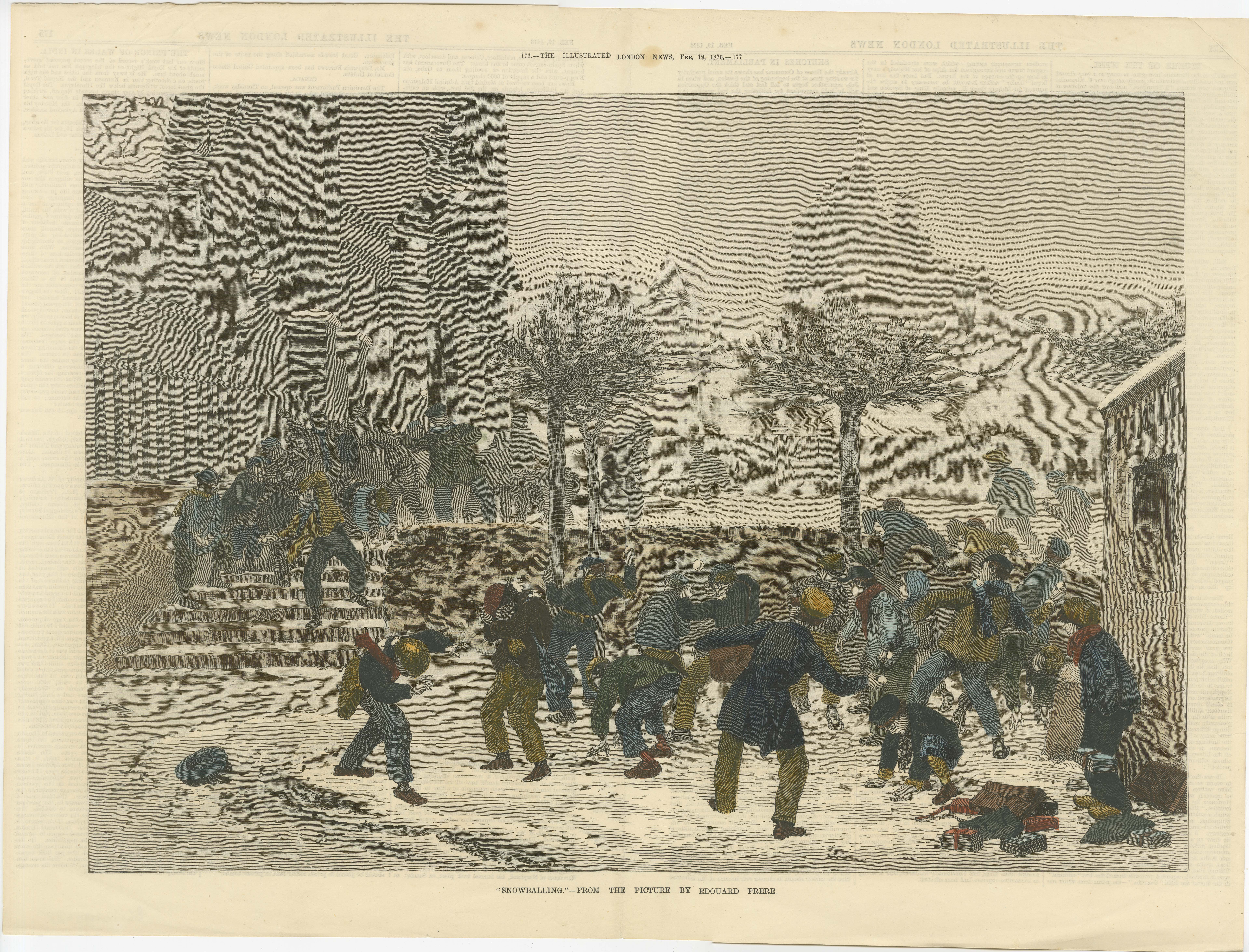 Title: 'Snowballing' by Edouard Frère, Published in *The Illustrated London News*, 1876

Description: This lively and detailed illustration by Edouard Frère, titled *Snowballing*, captures the playful and energetic spirit of a snowball fight among