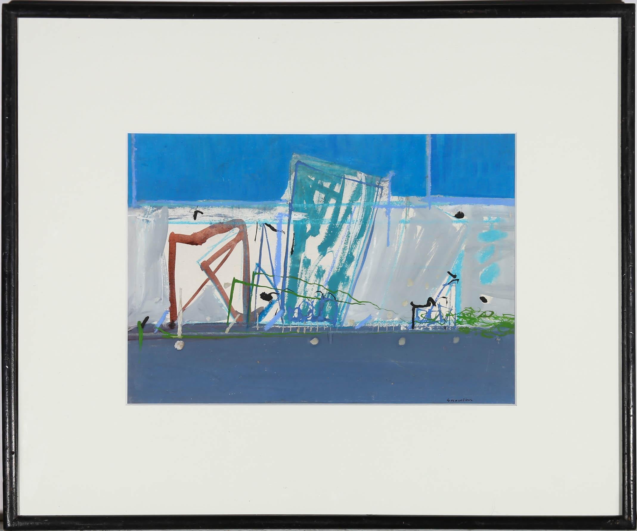 A striking abstract composition of an urban street captured in bold shades of blue acrylic, enhanced with painterly touches of red, white, and green. The painting is signed by the artist to the lower right. Newly mounted in a contemporary black
