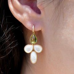 SnowDrop Flower 14.05 ctw Peridot & Mother of Pearl Diamond Drop Earrings