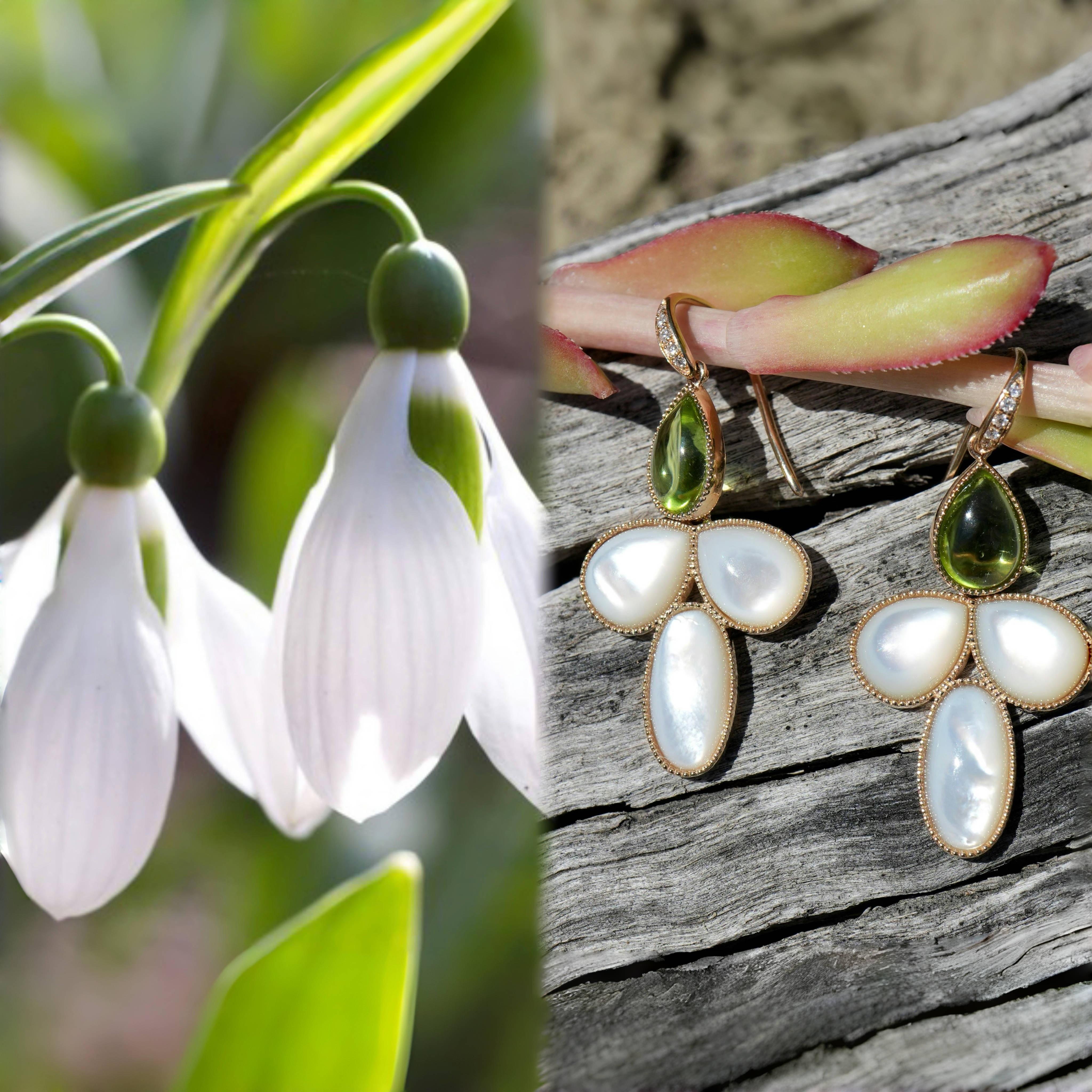 Modern SnowDrop Flower 14.05 ctw Peridot & Mother of Pearl Diamond Drop Earrings For Sale