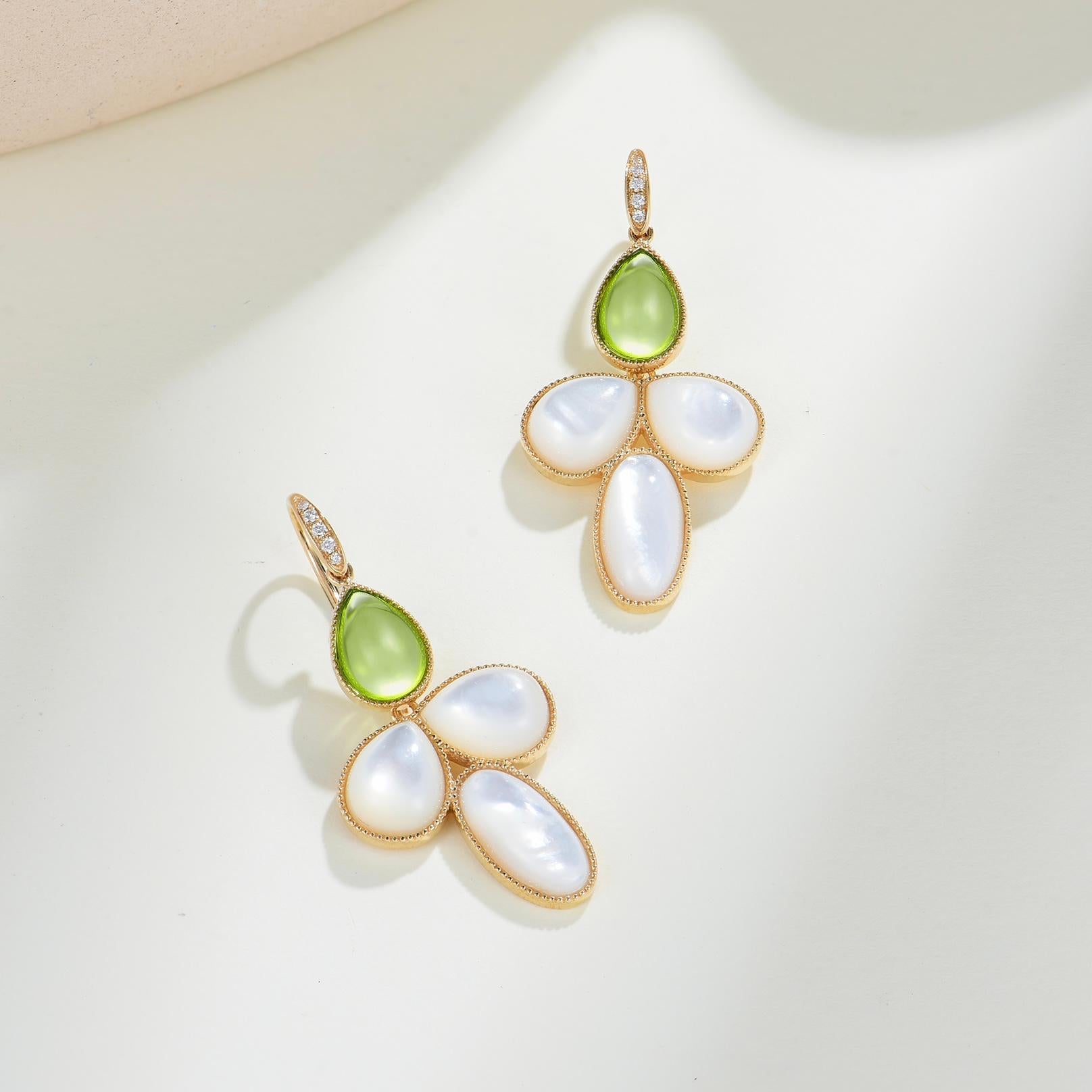 SnowDrop Flower 14.05 ctw Peridot & Mother of Pearl Diamond Drop Earrings In New Condition For Sale In Rowland Heights, CA