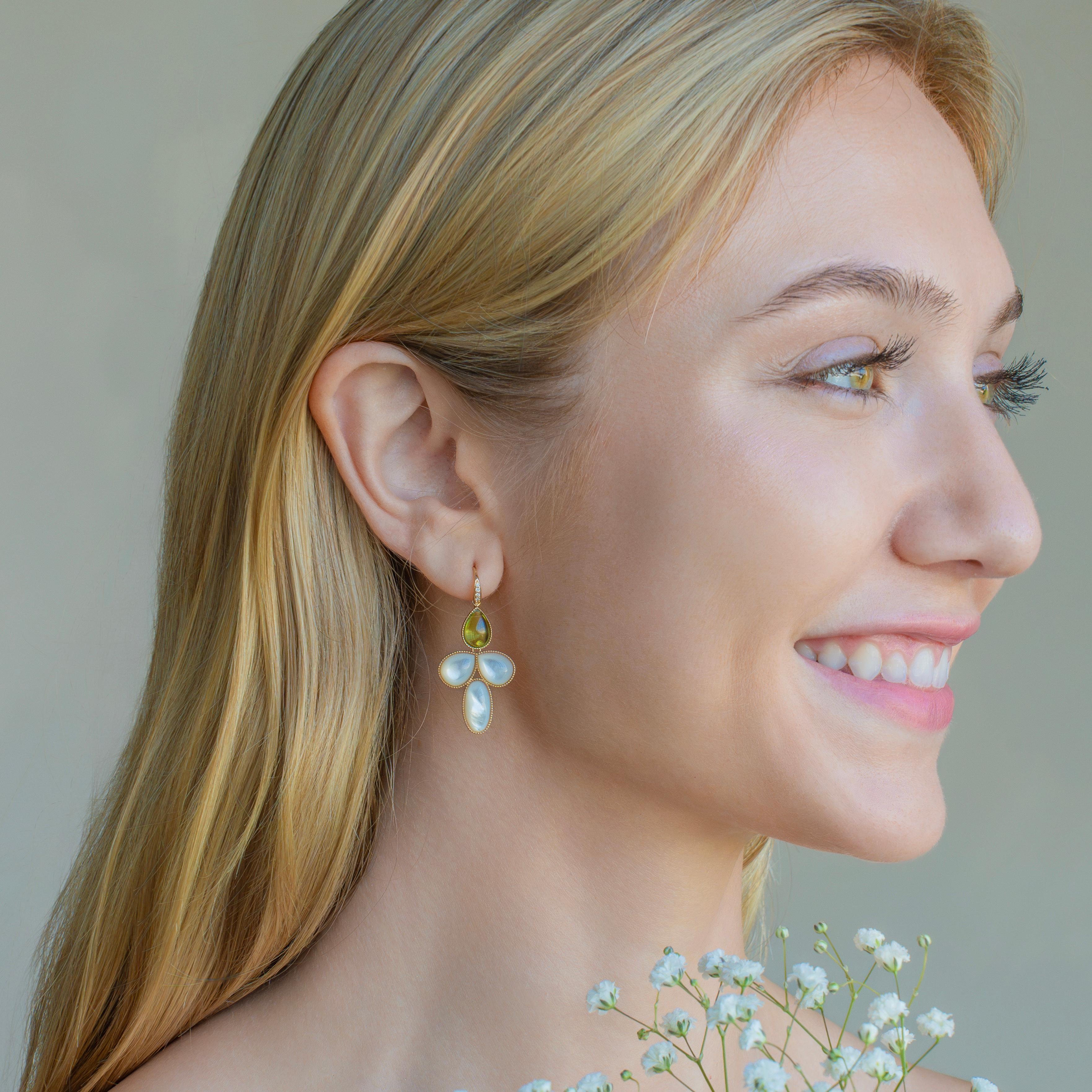 Cabochon SnowDrop Flower 14.05 ctw Peridot & Mother of Pearl Diamond Drop Earrings For Sale