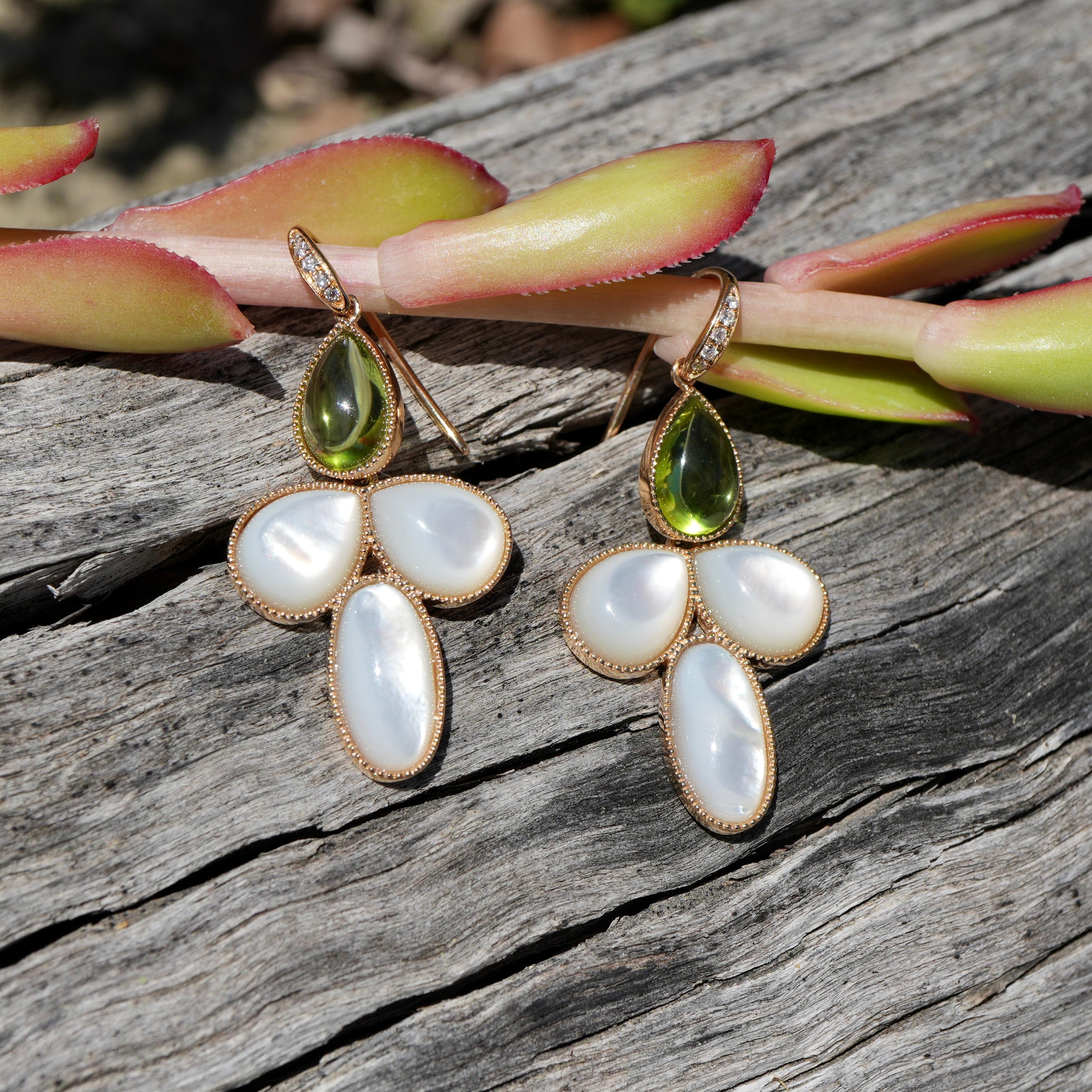SnowDrop Flower 14.05 ctw Peridot & Mother of Pearl Diamond Drop Earrings For Sale 1