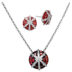 Snowflake 18 Karat White Gold Diamond Ruby Pendant Earring Necklace Suite Set