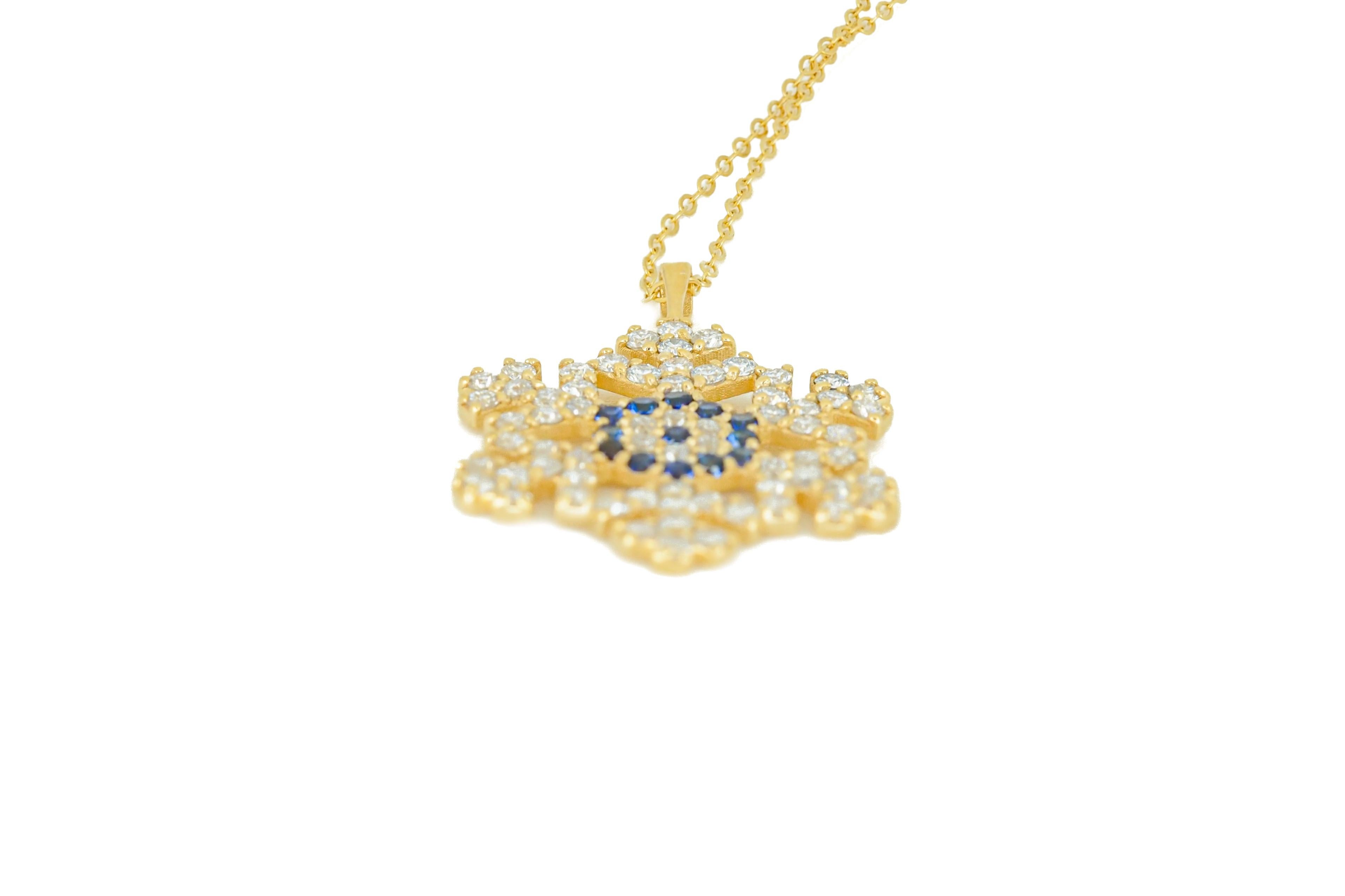 Modern Snowflake charm necklace in 14k solid gold.  For Sale