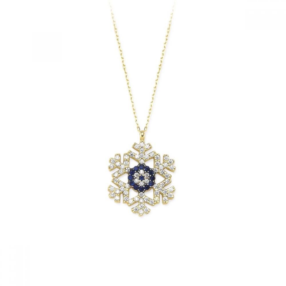 Taille ronde Collier à breloques flocon de neige en or massif 14 carats. Pendentif flocon de neige en or. en vente
