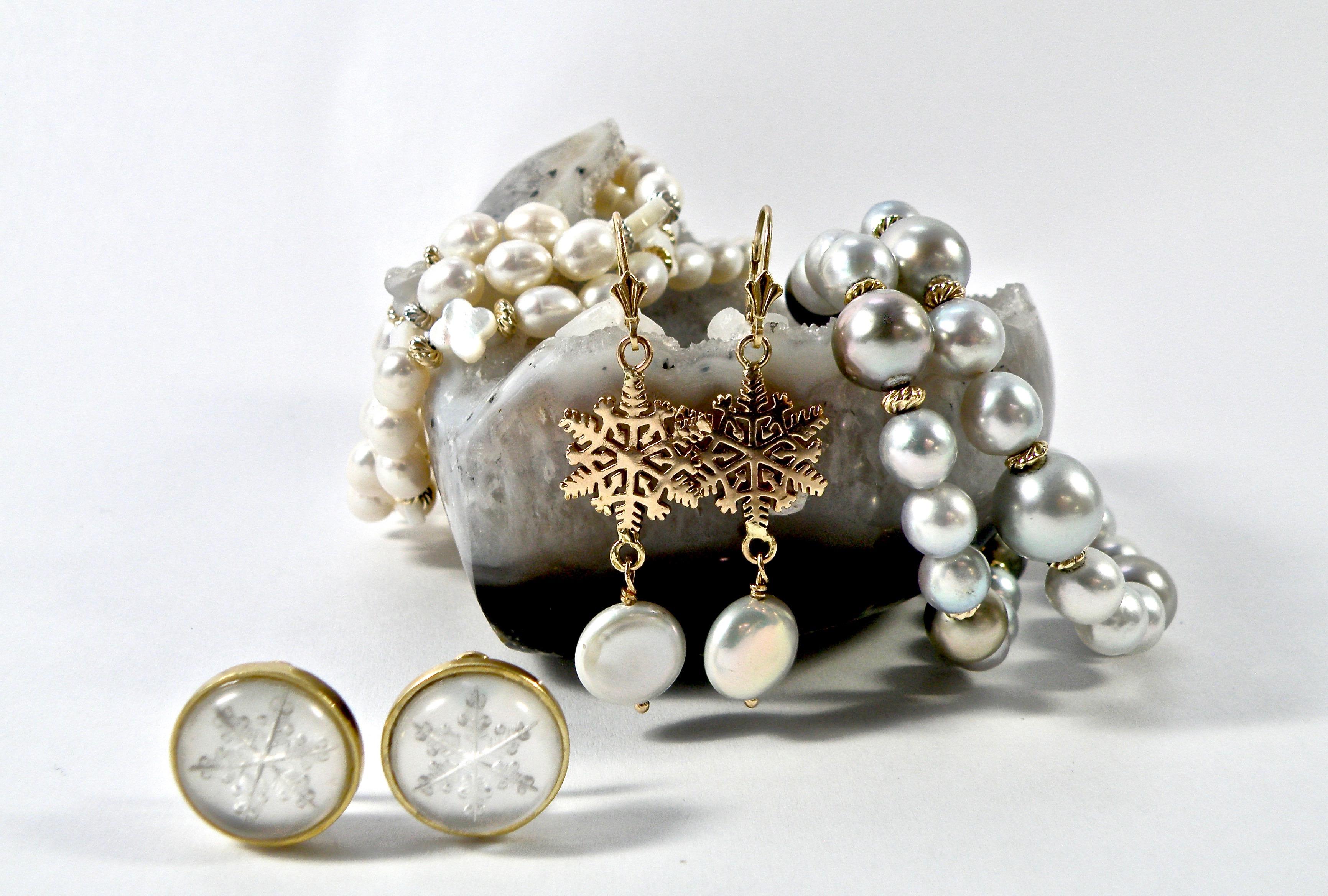 Contemporary Snowflake Coin Pearl Earrings