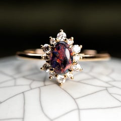 Snowflake Design Black Opal & Diamond Engagement Ring 18K Yellow Gold