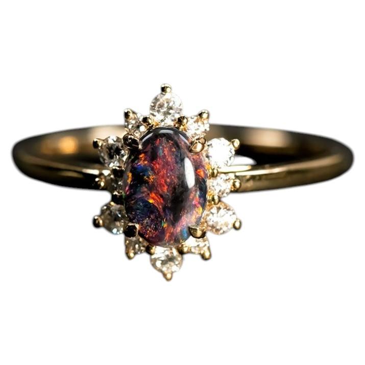 Snowflake Design Black Opal & Diamond Engagement Ring 18K Yellow Gold For Sale