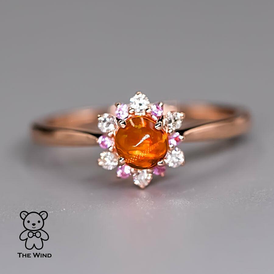 Artist Snowflake Design Mexican Fire Opal Diamond and Pink Sapphire Ring 14K Rose Gold For Sale