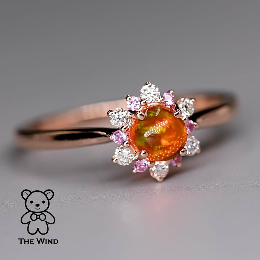 Rose Cut Snowflake Design Mexican Fire Opal Diamond and Pink Sapphire Ring 14K Rose Gold For Sale