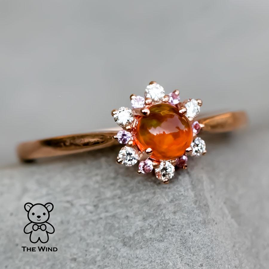 Snowflake Design Mexican Fire Opal Diamond and Pink Sapphire Ring 14K Rose Gold In New Condition For Sale In Suwanee, GA