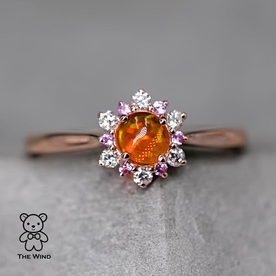 Women's Snowflake Design Mexican Fire Opal Diamond and Pink Sapphire Ring 14K Rose Gold For Sale