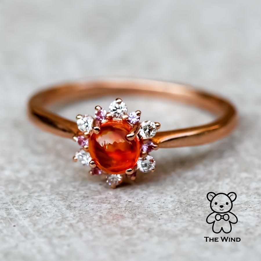 Snowflake Design Mexican Fire Opal Diamond and Pink Sapphire Ring 14K Rose Gold For Sale 1