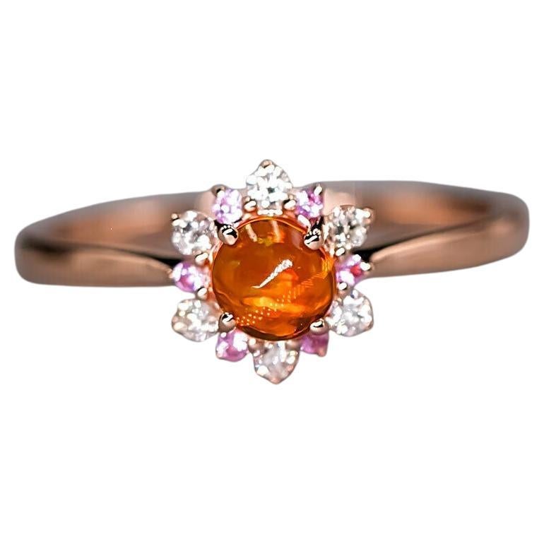 Snowflake Design Mexican Fire Opal Diamond and Pink Sapphire Ring 14K Rose Gold For Sale