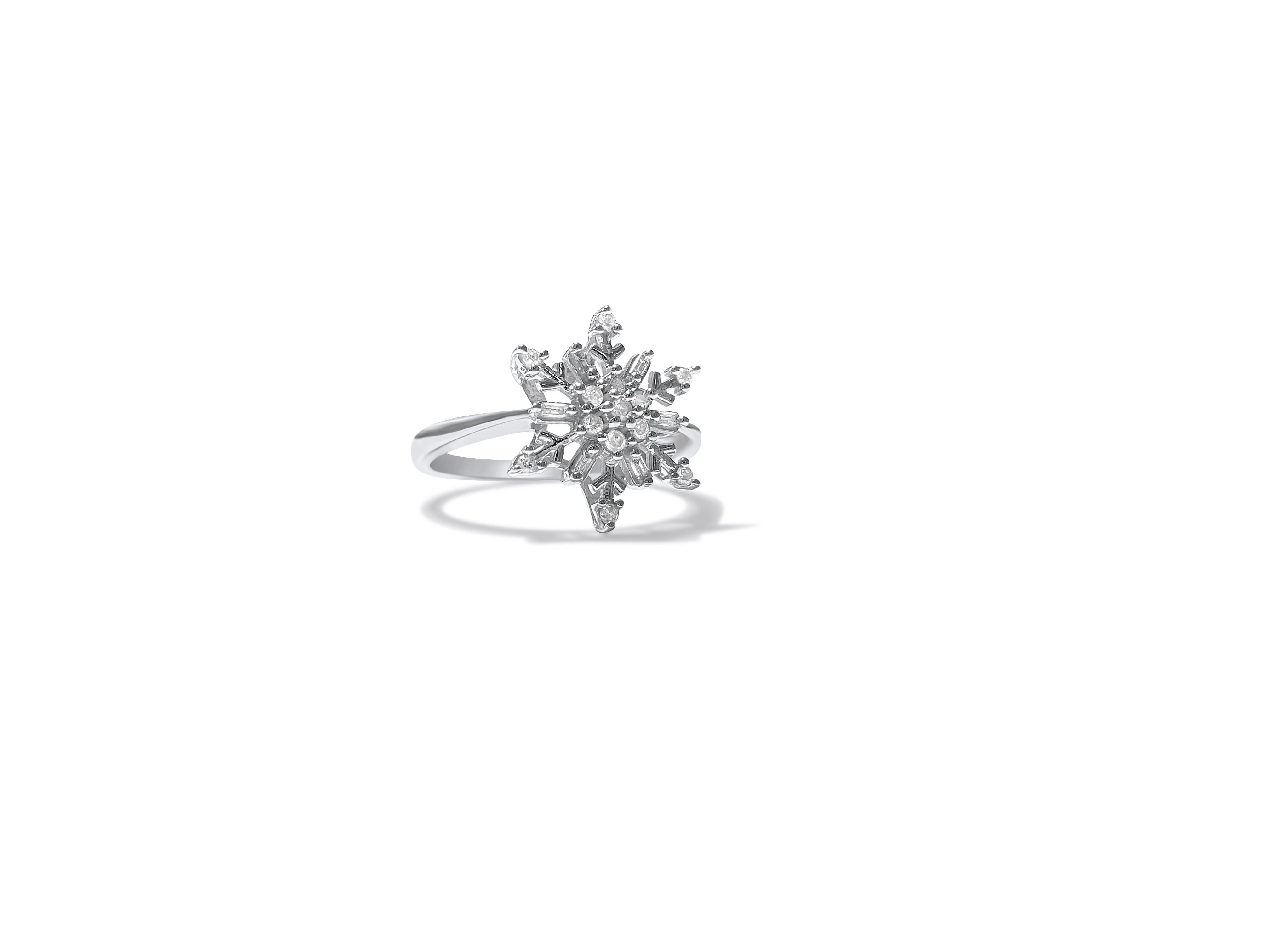 14k white gold. 
Diamonds: 0.50 cwt. 
SI-2 clarity and F-G color diamonds. 
Round brilliant cut diamonds set in prongs. 
100% natural earth mined. 

Extremely gorgeous ring. Beautiful snowflake design ring. This is a custom made diamond and gold