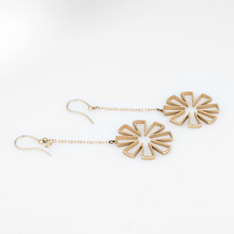 Snowflake Drop Earrings Estate 14 Karat Yellow Gold Stars Long Dangle