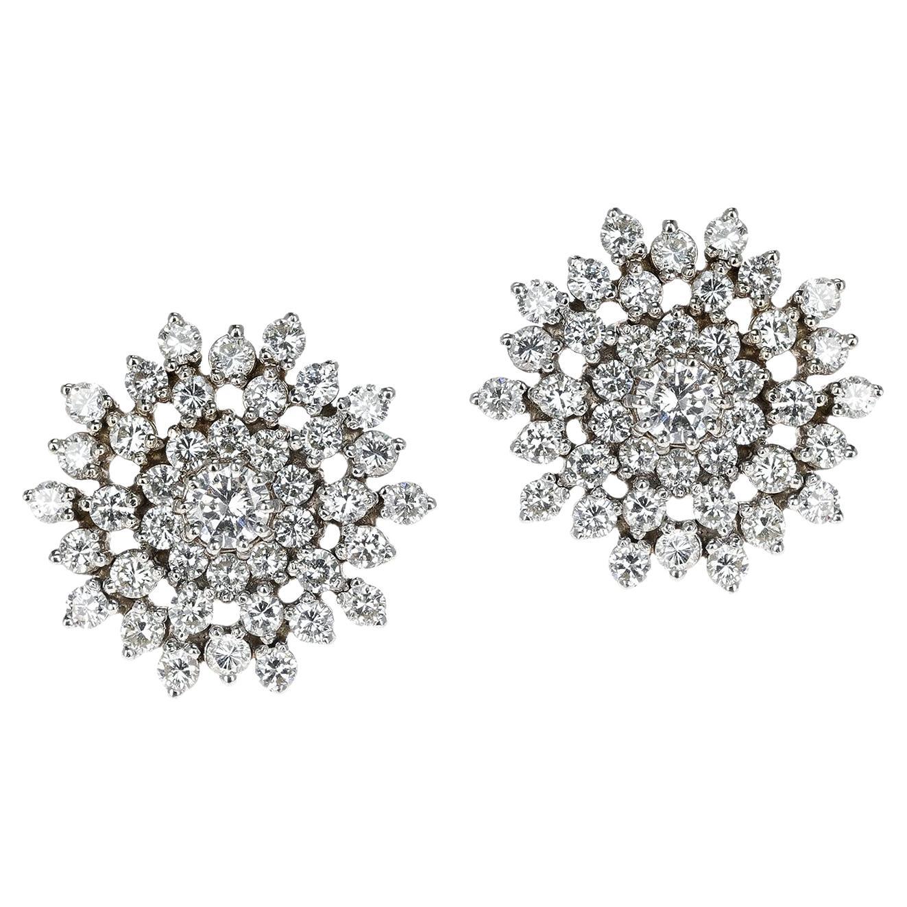 Snowflake Floral Diamond Earrings, 14 Karat White Gold For Sale