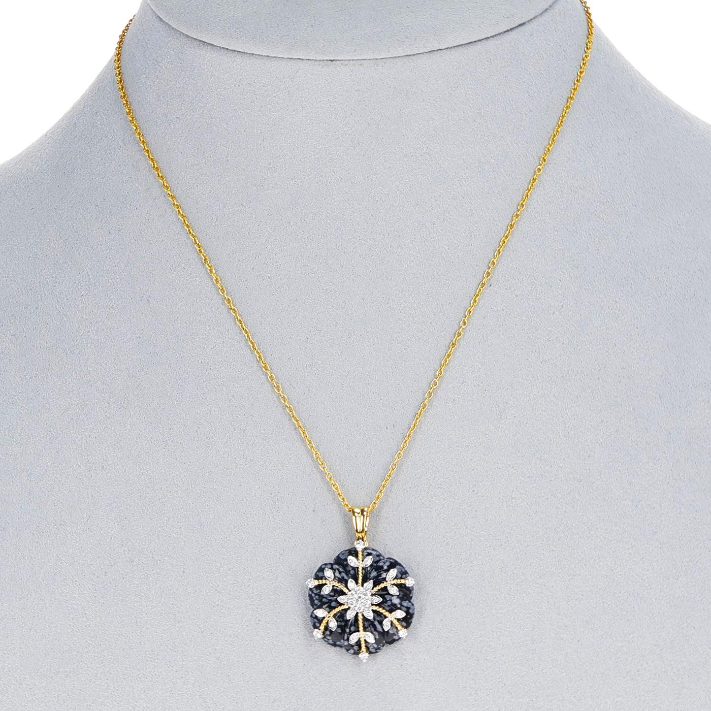 Round Cut Snowflake Obsidian Carved Floral Pendant with 14k Gold and Diamonds For Sale