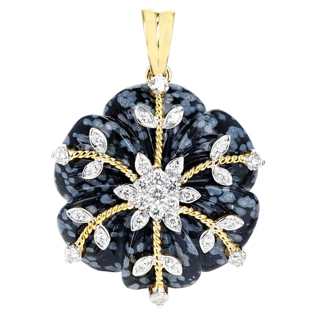 Snowflake Obsidian Carved Floral Pendant with 14k Gold and Diamonds