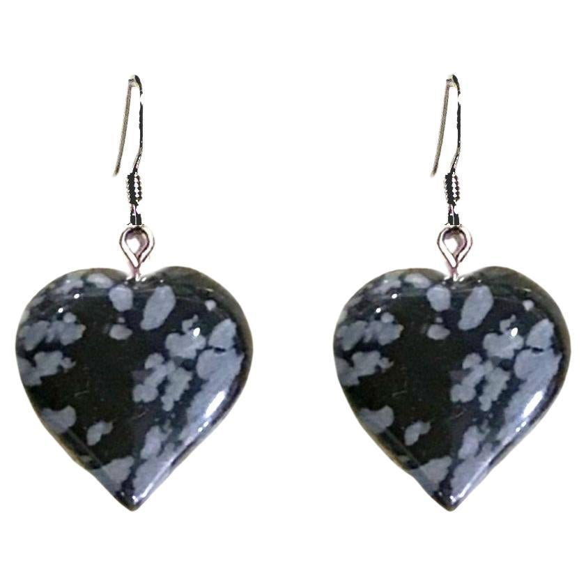 Snowflake Obsidian Heart Sterling Silver Drop Earrings by nlanlaVictory