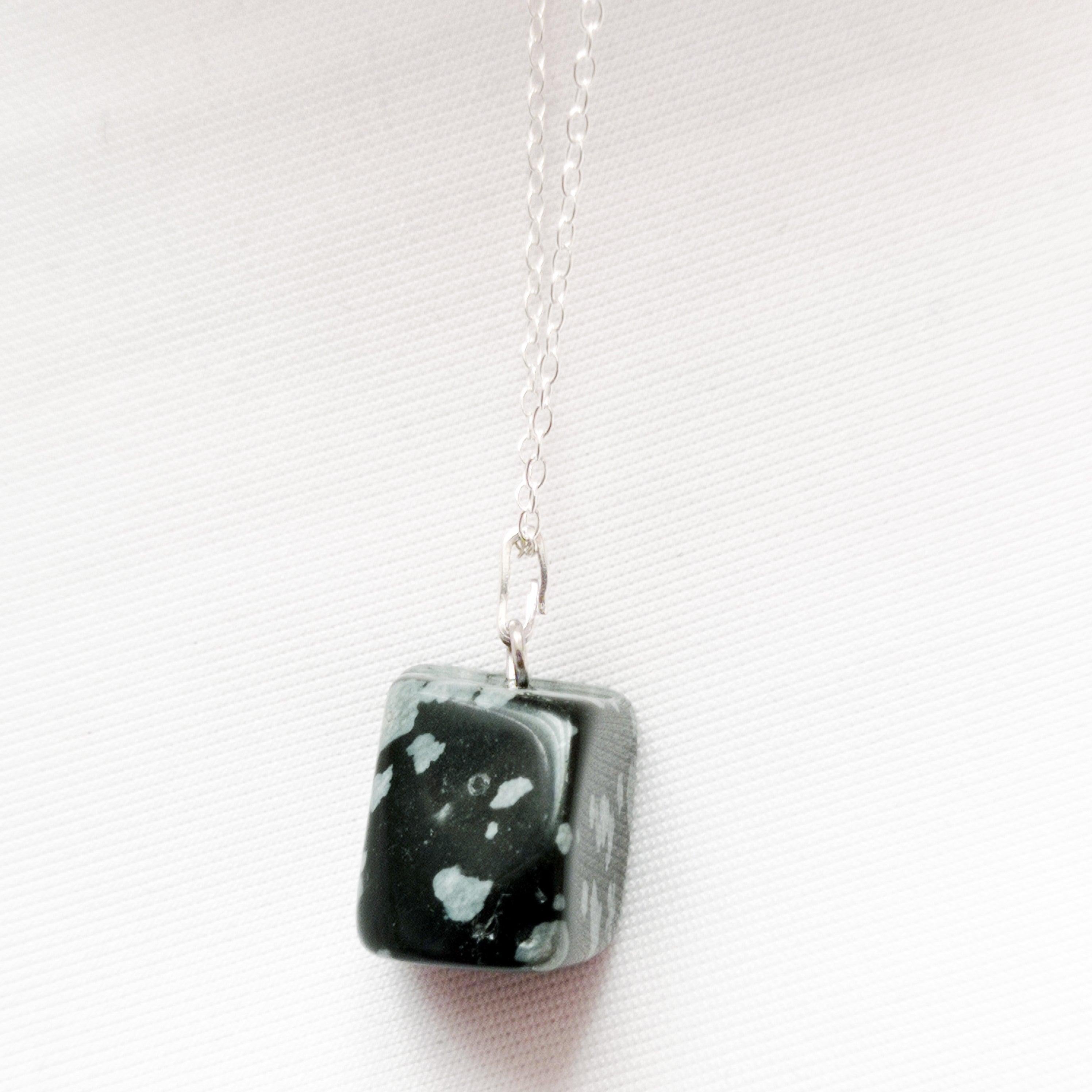 Women's Snowflake Obsidian Sterling Silver Necklace, Raw Gemstone Pendant For Sale