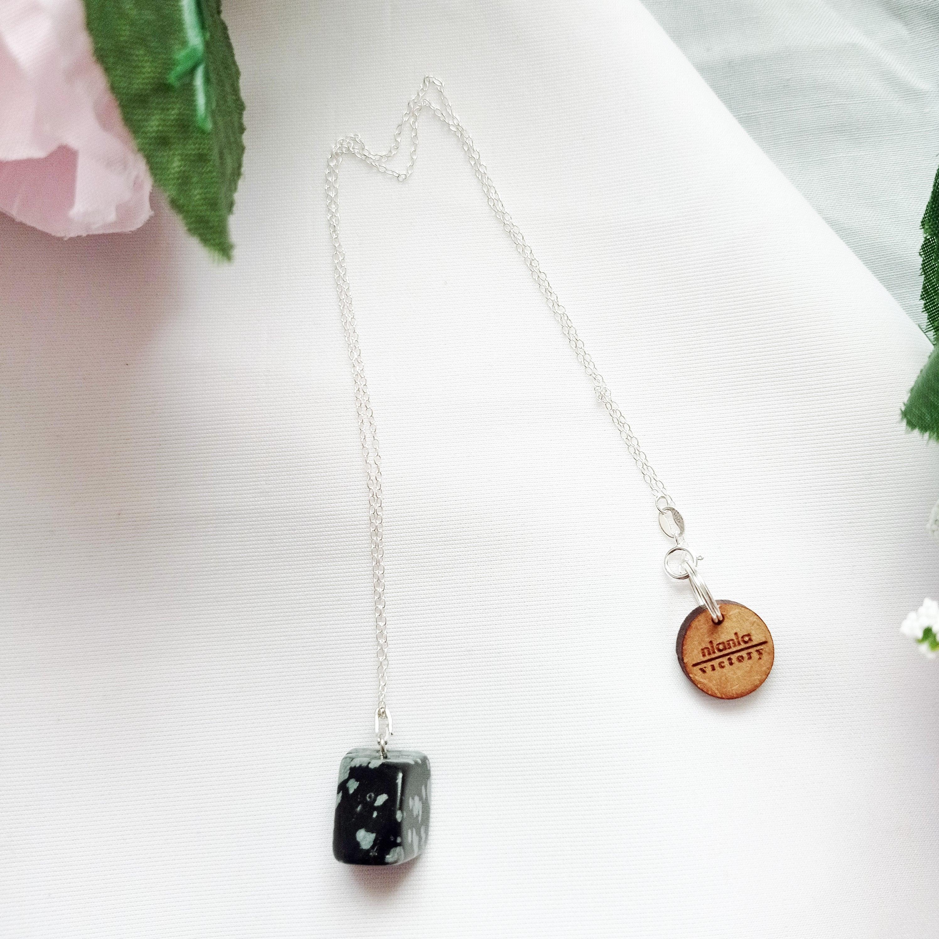 Snowflake Obsidian Sterling Silver Necklace, Raw Gemstone Pendant For Sale 1