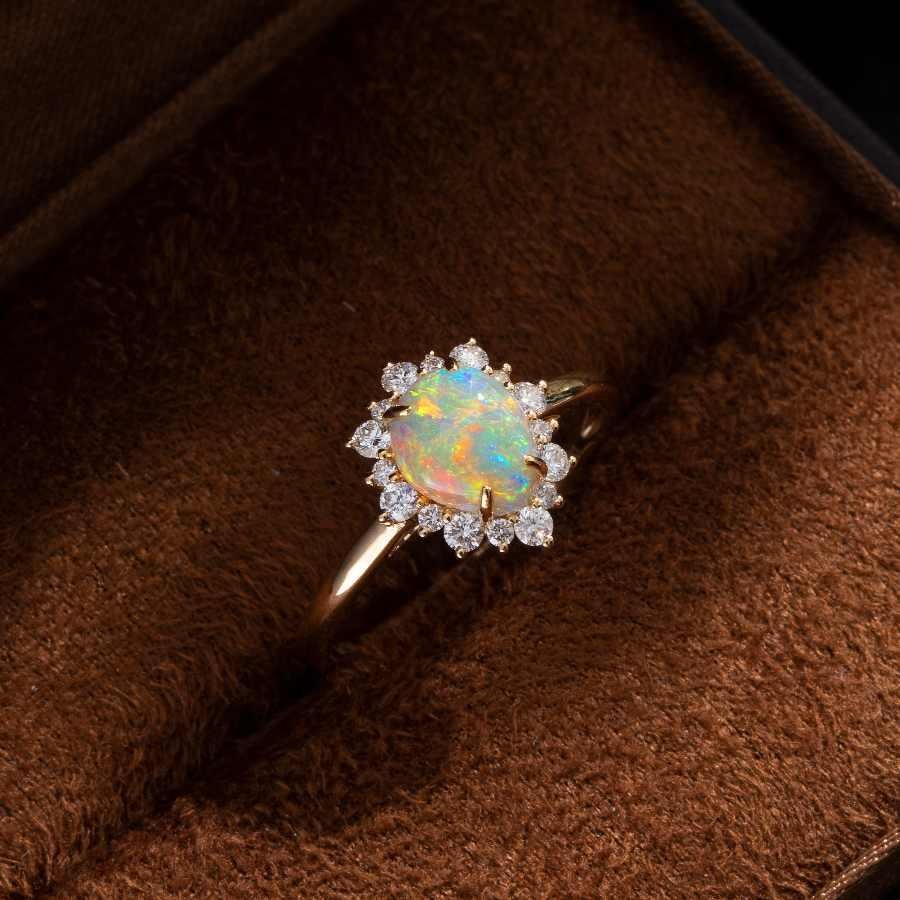 Brilliant Cut Snowflake Semi Black Opal & Diamond Engagement Ring 18K Yellow Gold For Sale