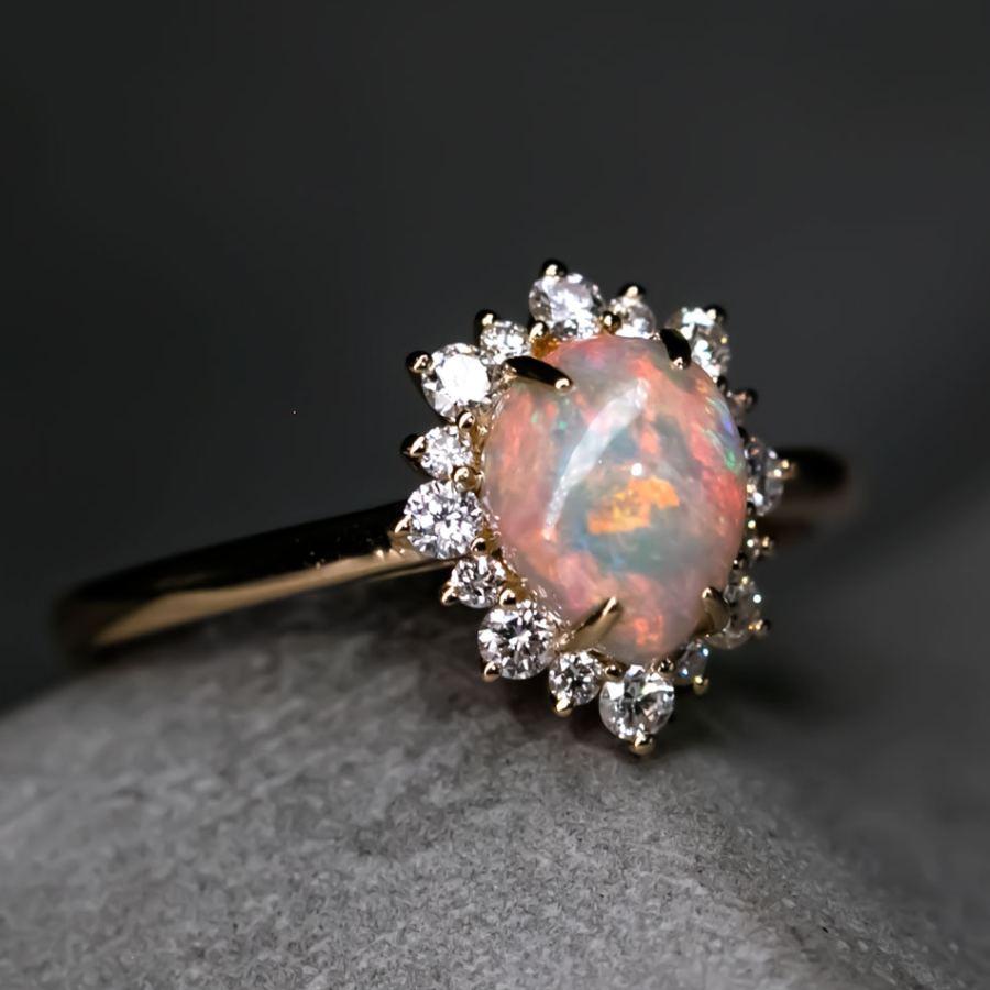Snowflake Semi Black Opal & Diamond Engagement Ring 18K Yellow Gold In New Condition For Sale In Suwanee, GA