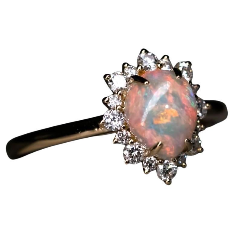 Snowflake Semi Black Opal & Diamond Engagement Ring 18K Yellow Gold For Sale