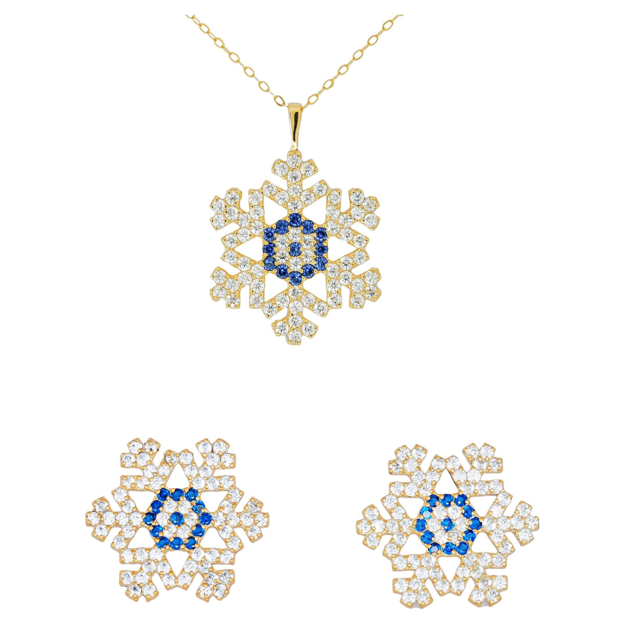 Snowflake set: earrings and pendant necklace in 14k solid gold.  