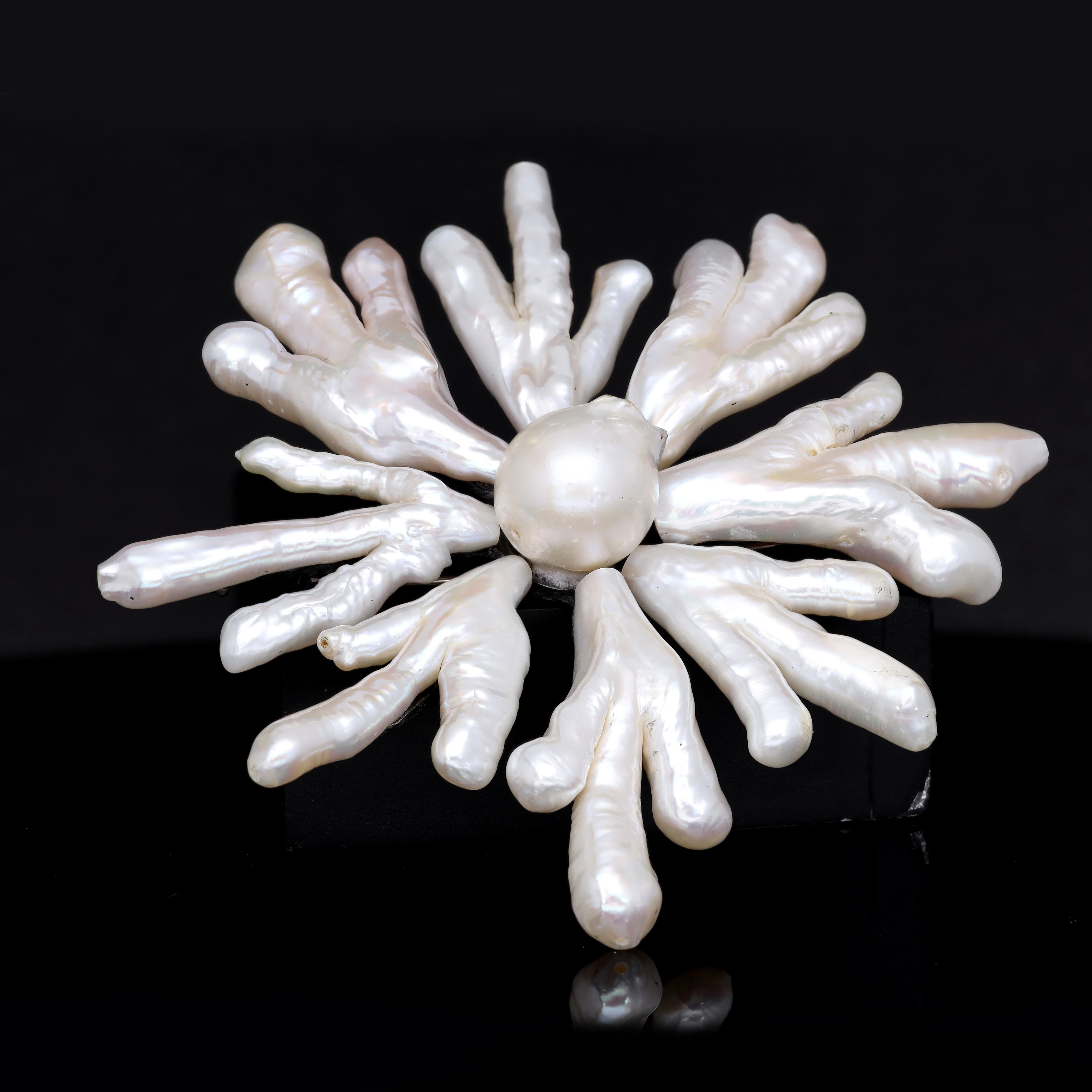 Contemporary Snowflake Sunburst Pearl  Silver Brooch  For Sale