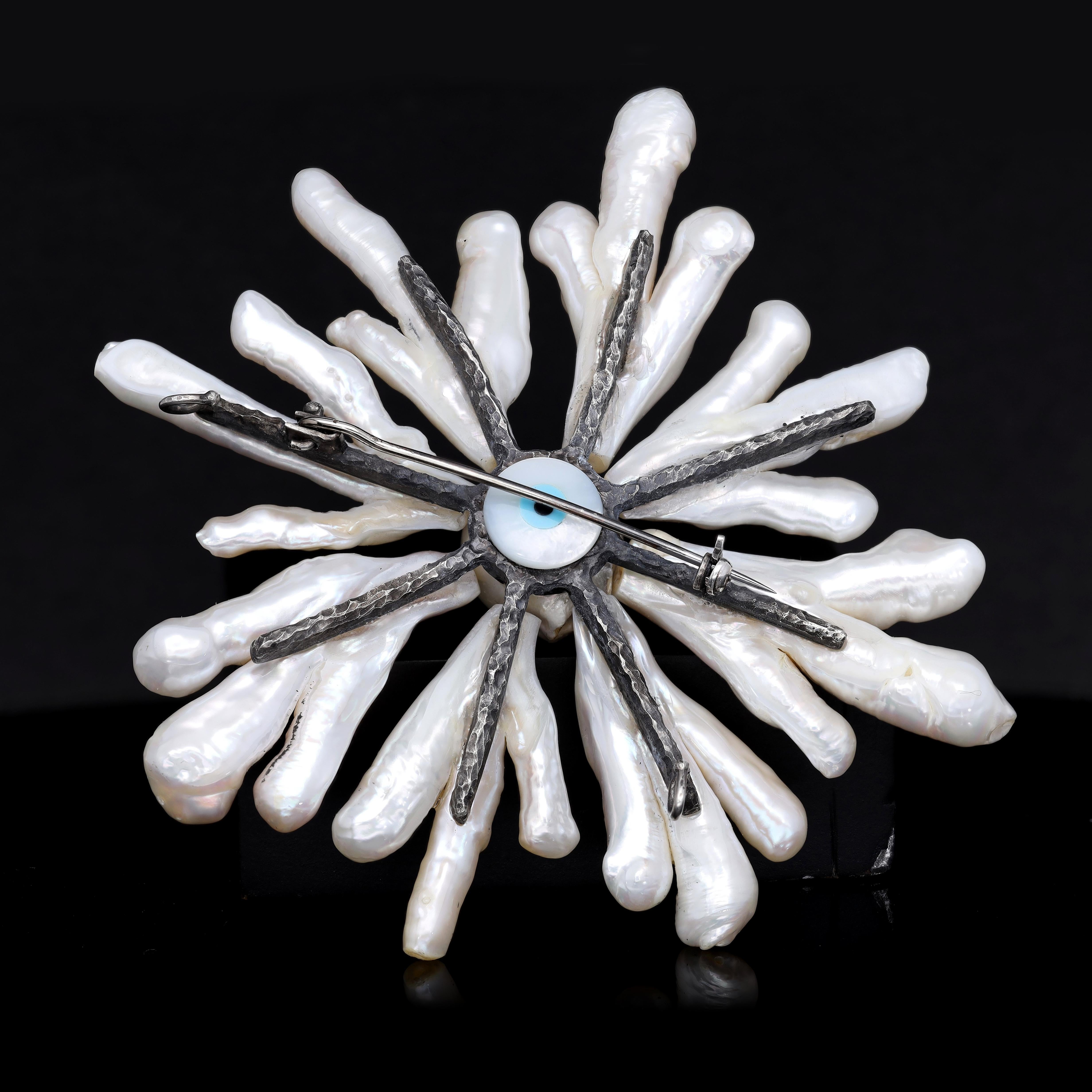 Uncut Snowflake Sunburst Pearl  Silver Brooch  For Sale