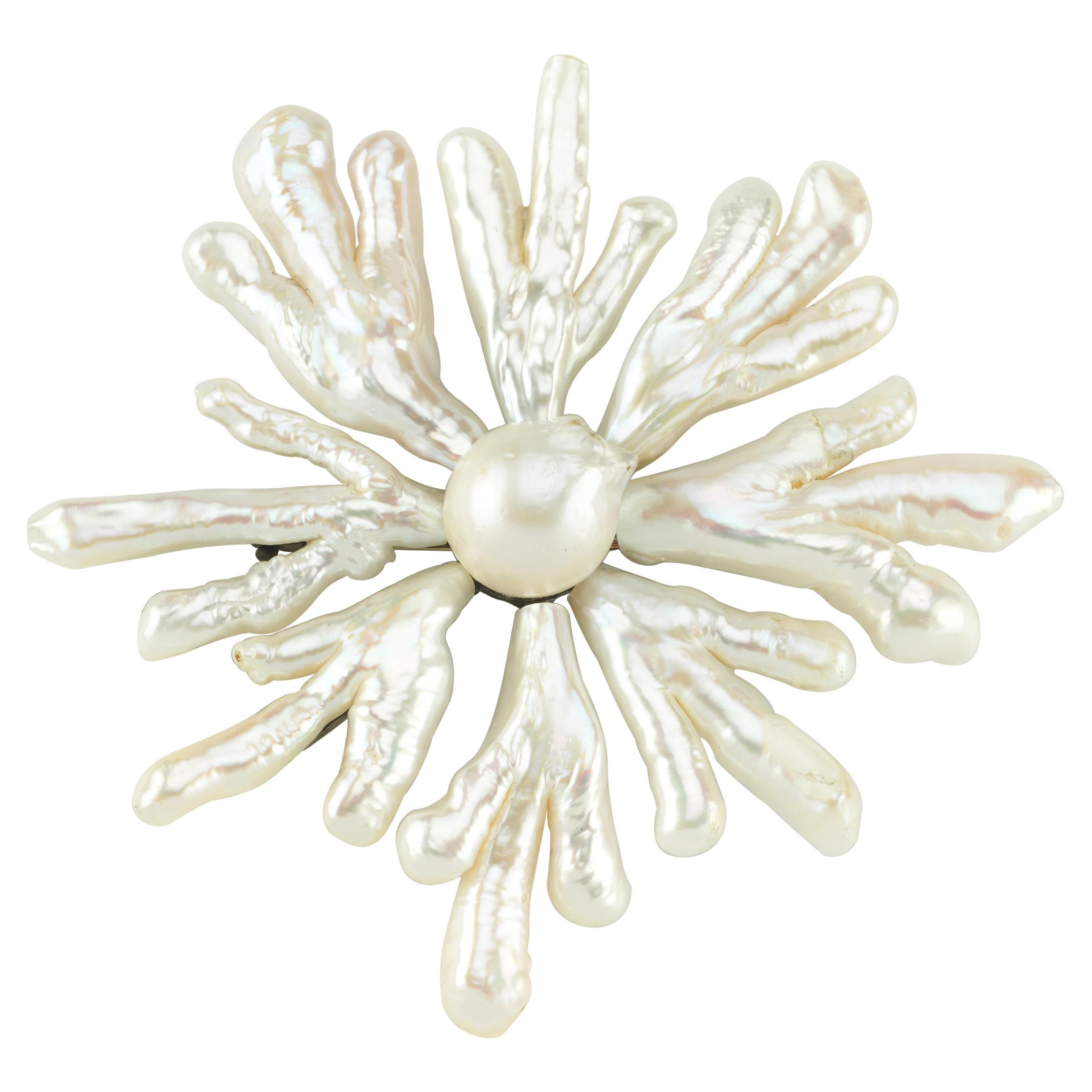 Snowflake Sunburst Pearl  Silver Brooch For Sale