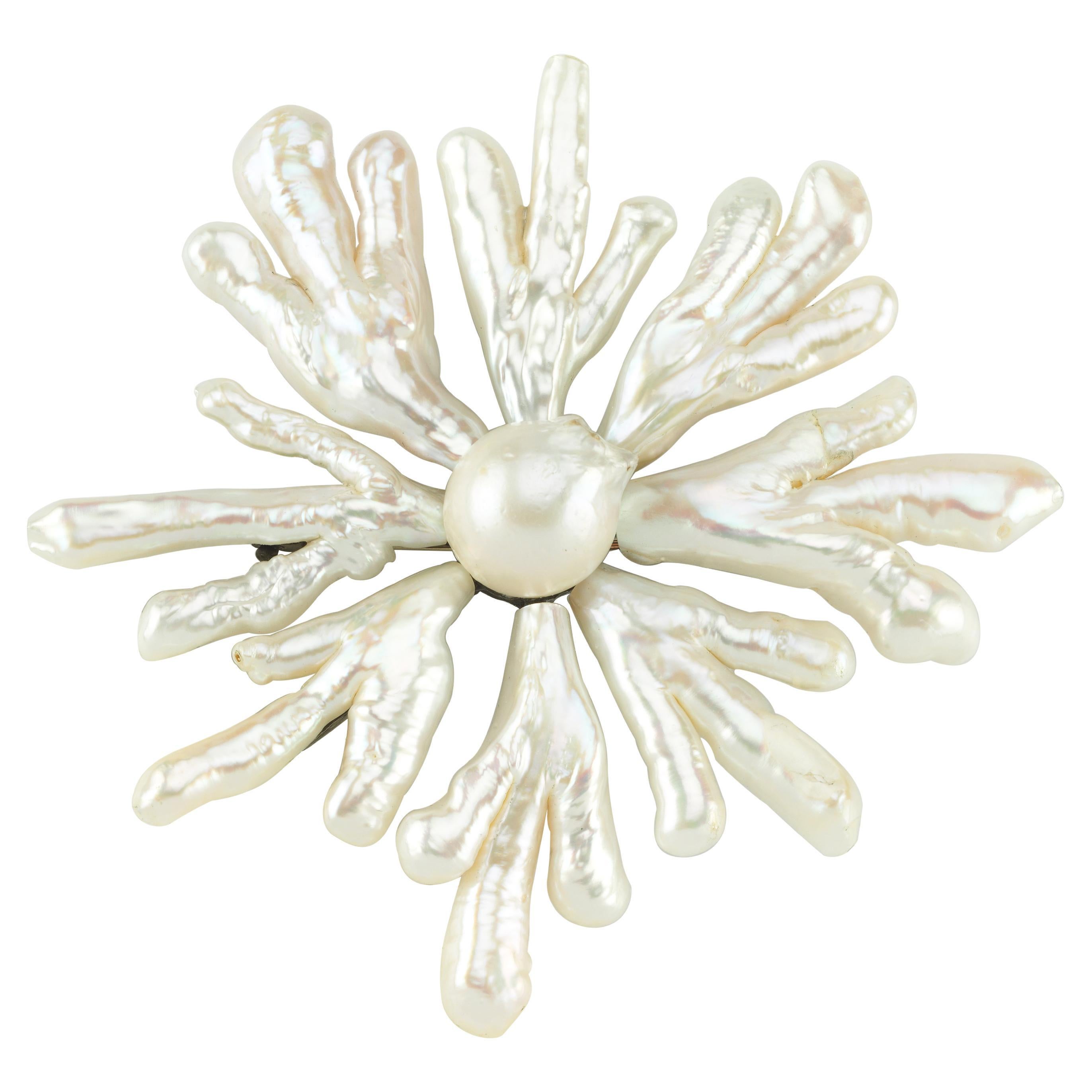 Snowflake Sunburst Pearl  Silver Brooch  For Sale