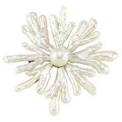 Snowflake Sunburst Pearl  Silver Brooch 