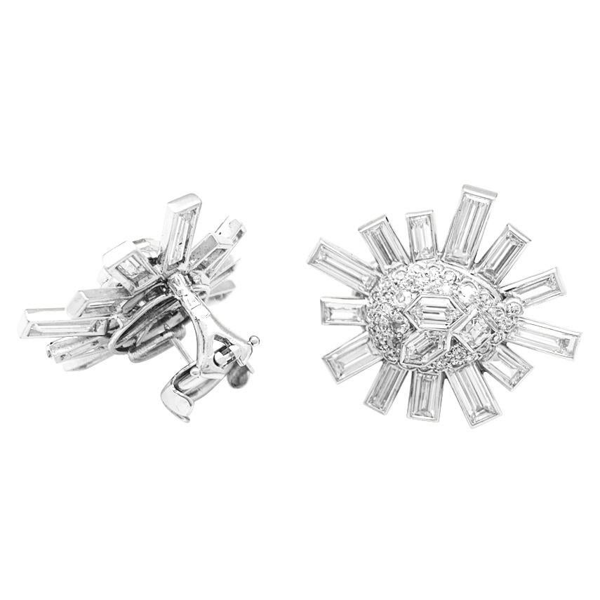 Modernist Snowflakes Clip-On Earrings, Platinum and Diamonds