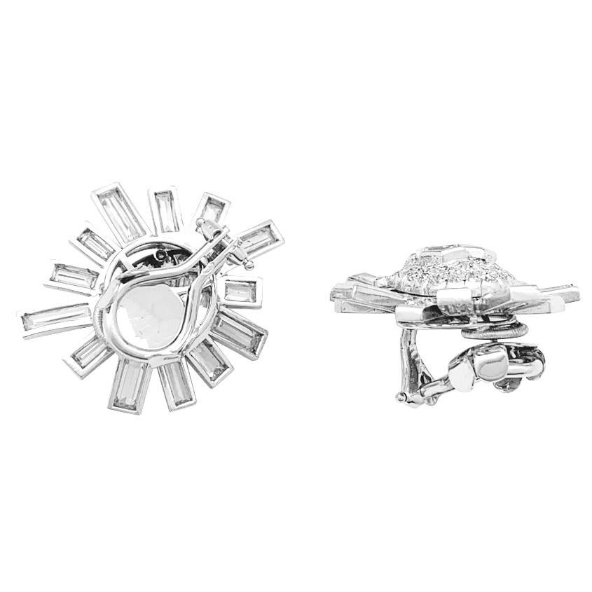 Baguette Cut Snowflakes Clip-On Earrings, Platinum and Diamonds