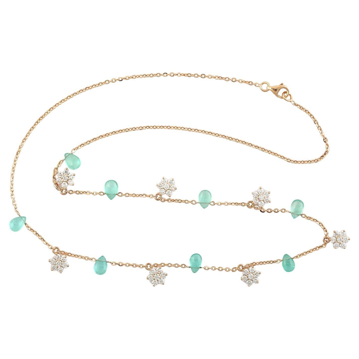 Snowflakes Diamond & Pear Shaped Emerald Chain Necklace Made In 18k Rose Gold