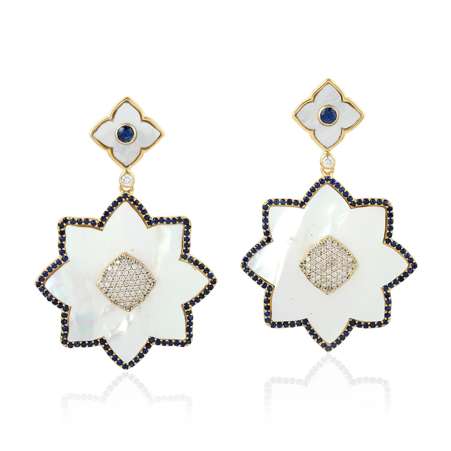 Mixed Cut Snowflakes MOP Dangle Earrings With Blue Sapphire & Diamonds For Sale