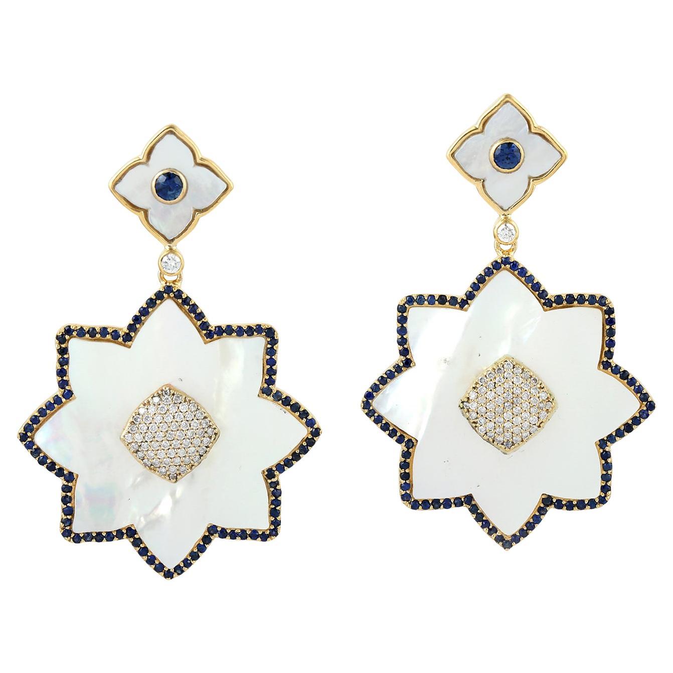 Snowflakes MOP Dangle Earrings With Blue Sapphire & Diamonds