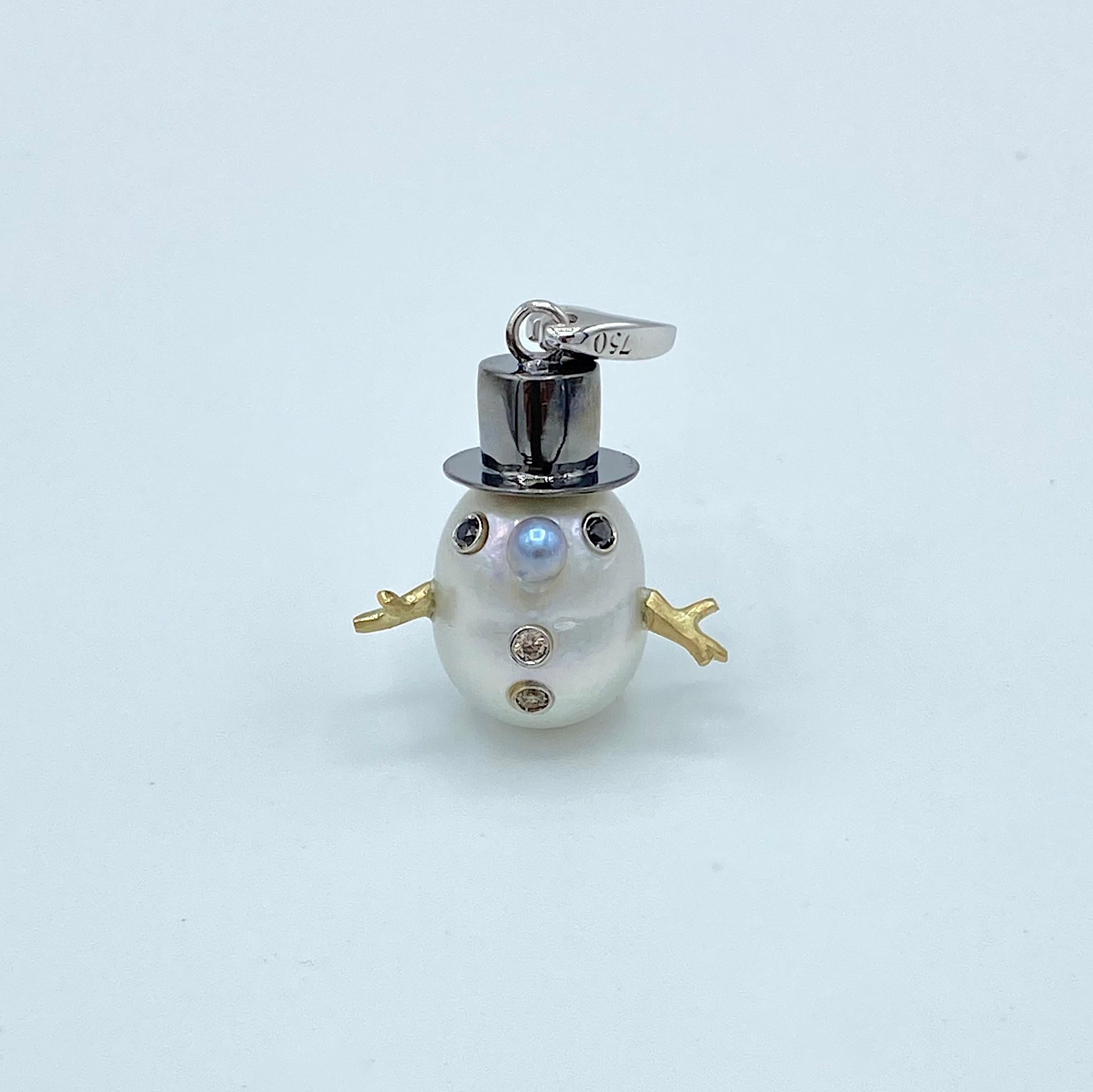 Artisan Snowman Pearl Brown Black Diamond 18Kt Gold Pendant/Necklace or Charm