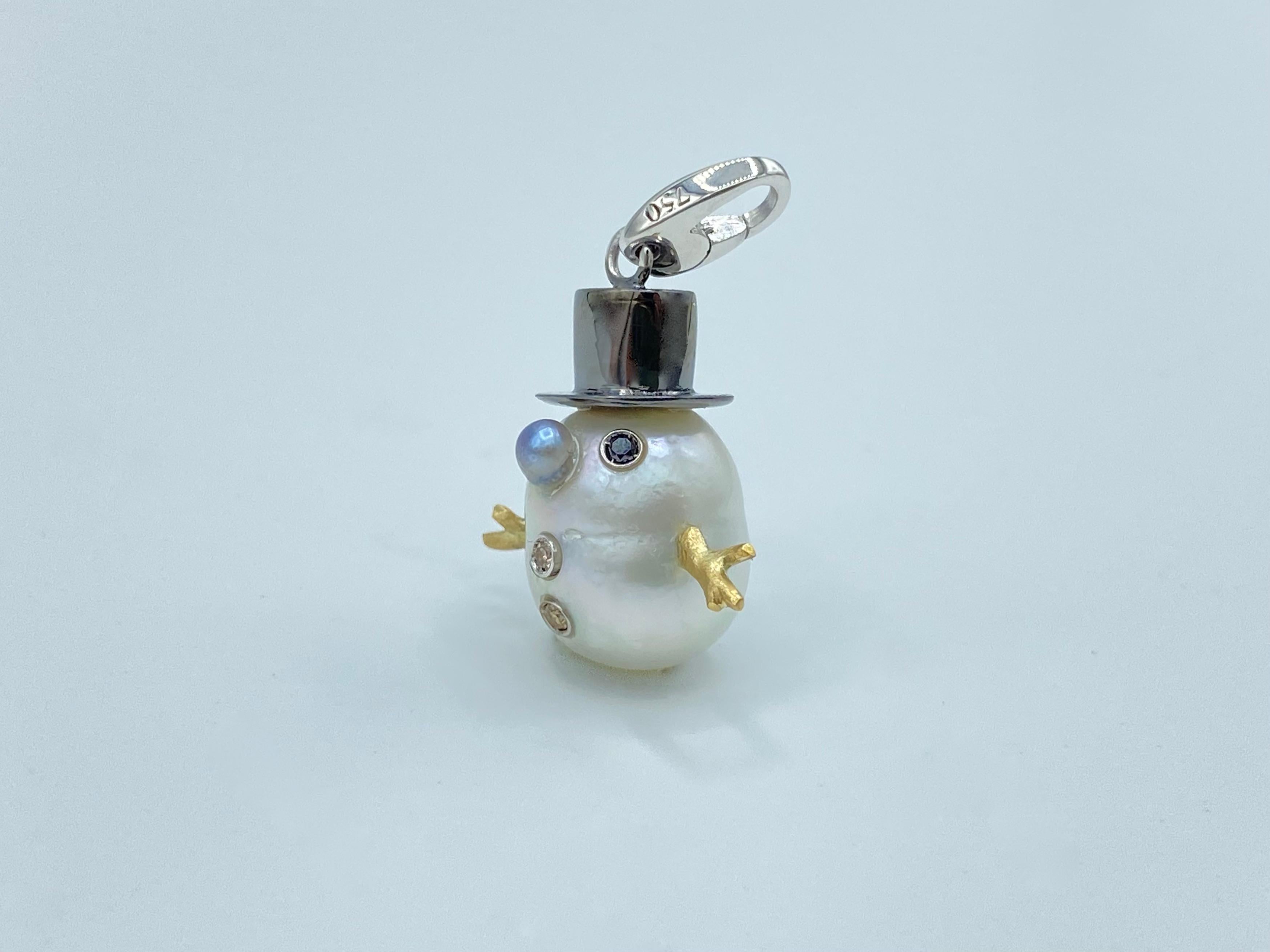 Snowman Pearl Brown Black Diamond 18Kt Gold Pendant/Necklace or Charm 3