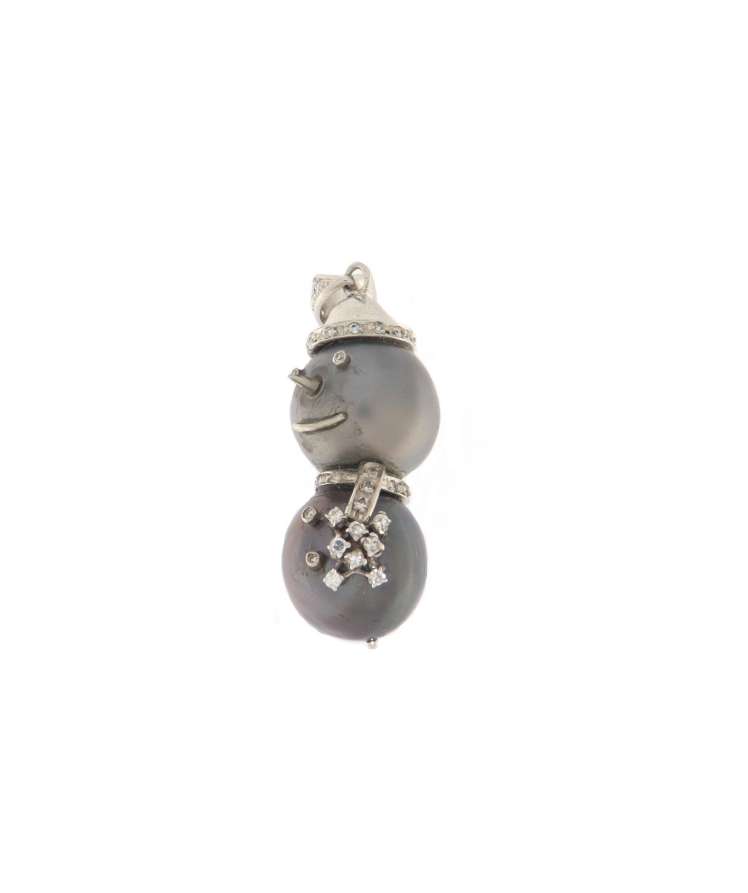 Brilliant Cut Snowman Pearls Diamonds 18 Karat White Gold Pendant Necklace For Sale
