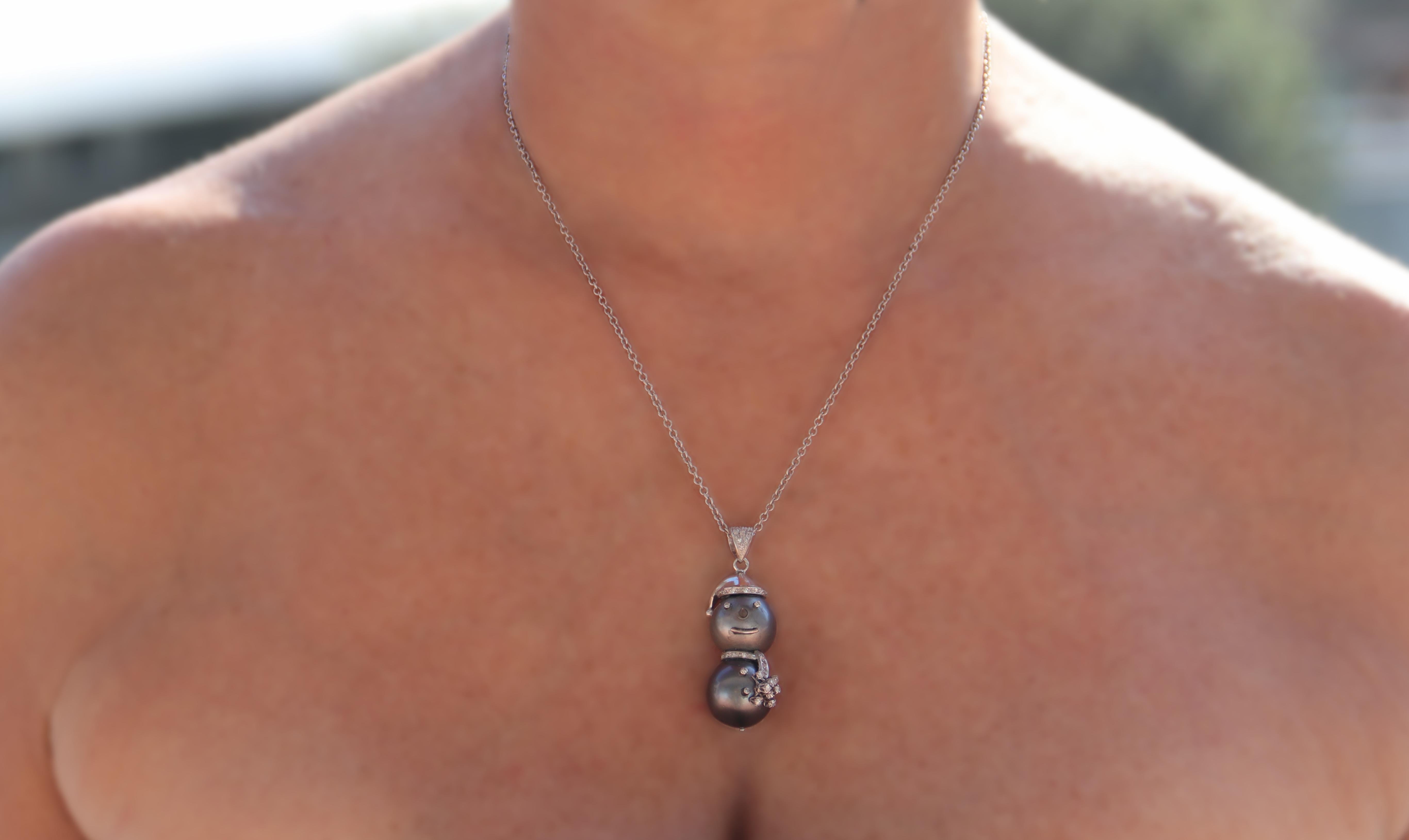 Snowman Pearls Diamonds 18 Karat White Gold Pendant Necklace For Sale 2
