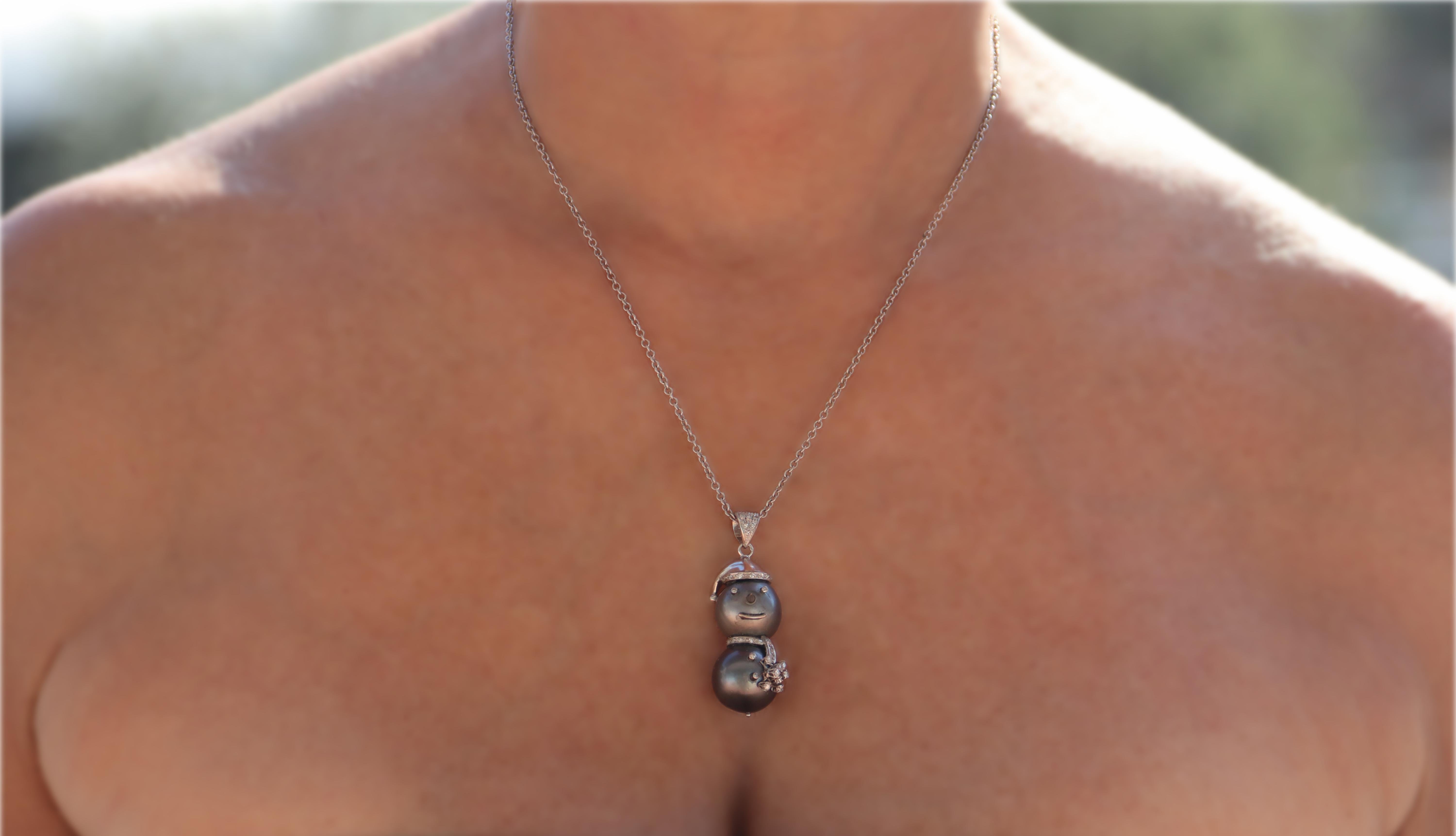 Snowman Pearls Diamonds 18 Karat White Gold Pendant Necklace For Sale 4