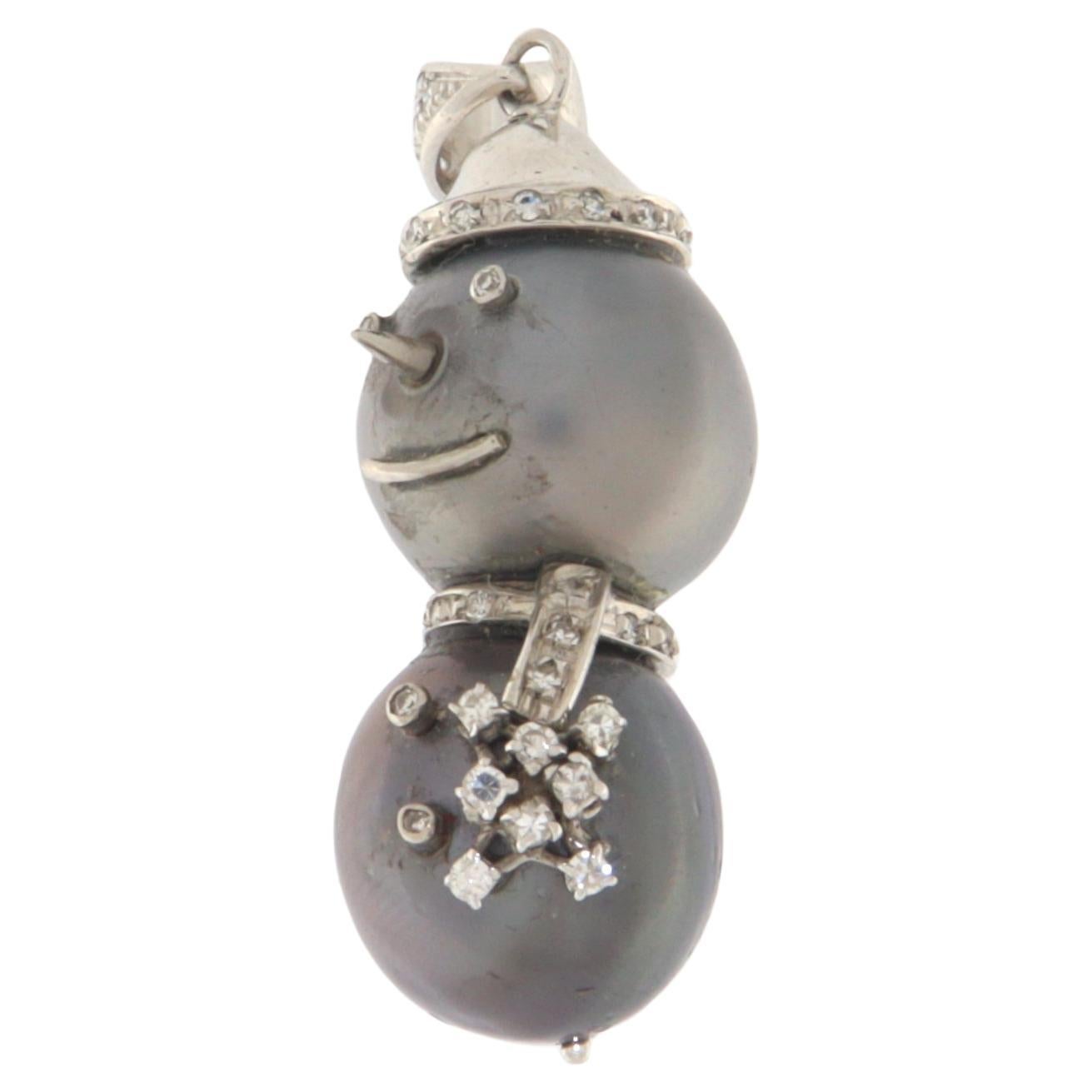 Snowman Pearls Diamonds 18 Karat White Gold Pendant Necklace For Sale