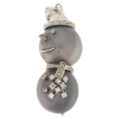 Snowman Pearls Diamonds 18 Karat White Gold Pendant Necklace
