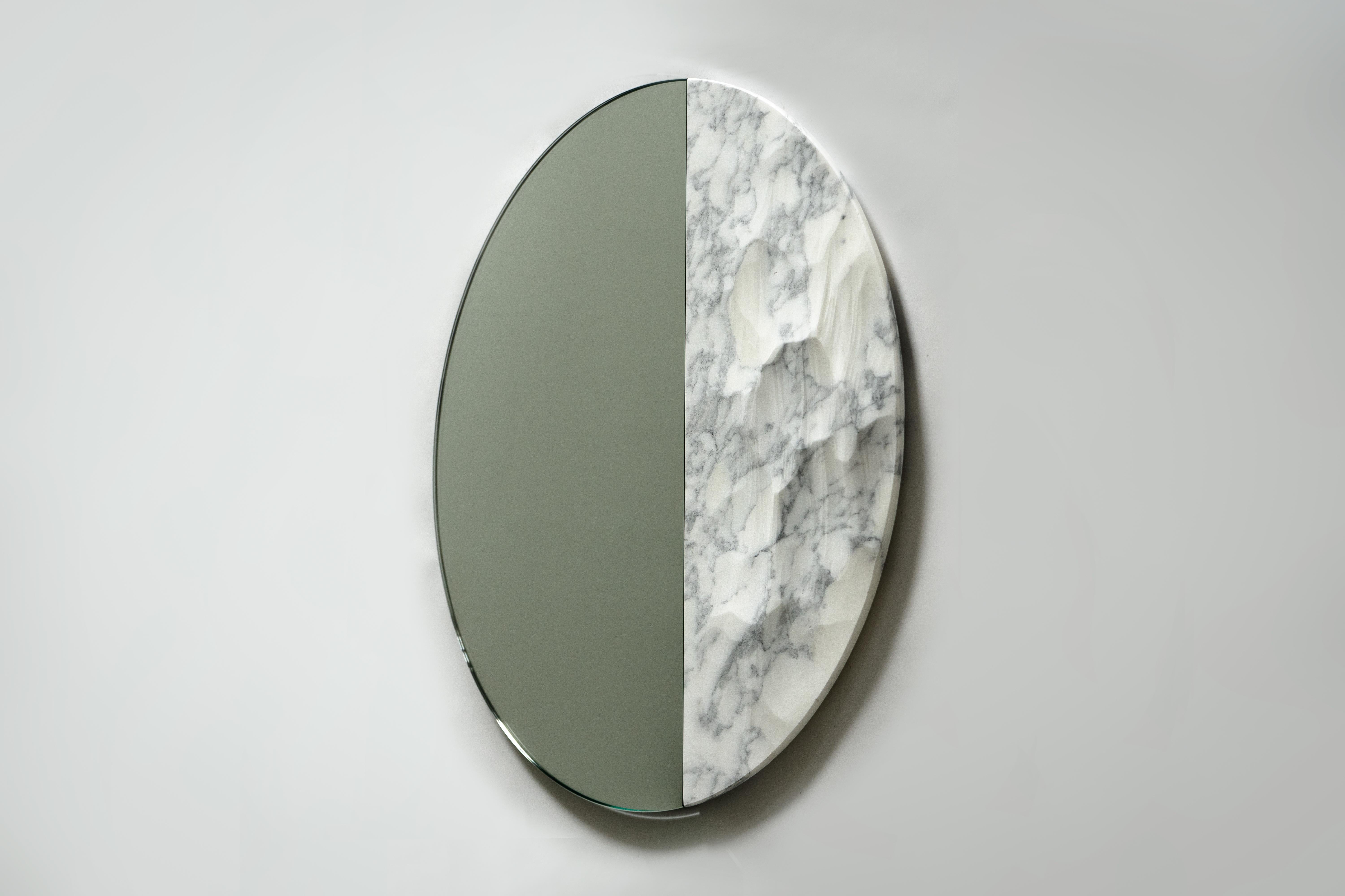 Art Deco Snowmotion Carved Carrara Marble Rounded Mirror For Sale